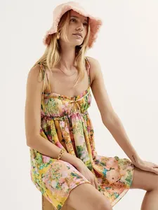 Arc froncé soutien-gorge <span class=keywords><strong>Corset</strong></span> Style fleur imprimé Spaghetti sangle Mini Robe femmes dos nu patineur laç<span class=keywords><strong>age</strong></span> fronde Robe vacances - Product Image 2