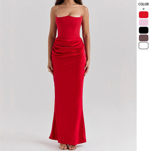 2025 nuevo <span class=keywords><strong>tubo</strong></span> rojo Top Fishbone Sexy ajustado cola de pez <span class=keywords><strong>vestido</strong></span> de noche Color sólido vestidos largos para mujer - Product Image 1