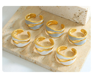 18K PVD Gold Plated Stainless Steel Blue White Enamel <b>Open</b> <b>Ring</b> | Unique Irregular Oil Drop Design | Trendy Jewelry for Women - Product Image 5