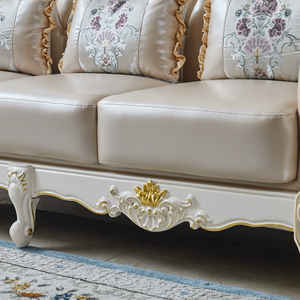 Ensemble de canapés en cuir véritable de style européen, cadre en bois massif, chaise longue sculptée double face, canapé de salon - Product Image 5