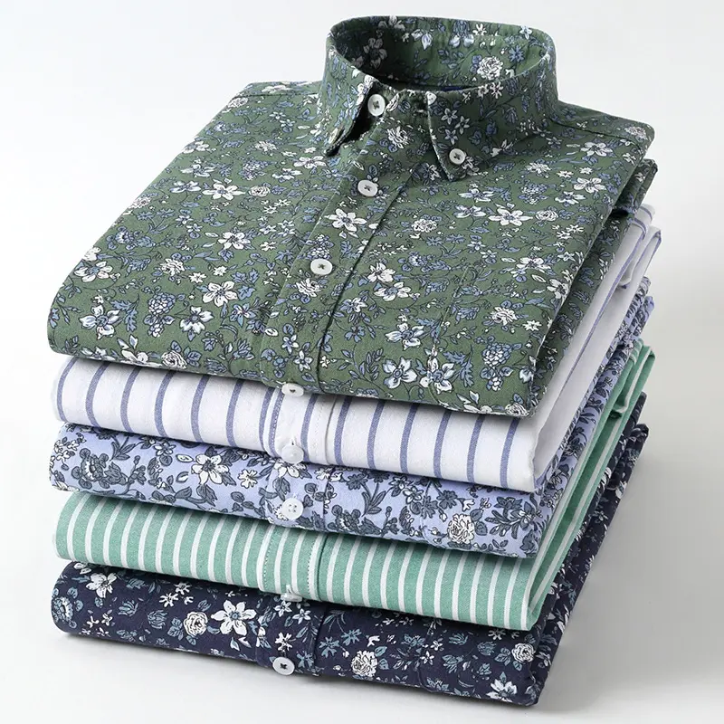 メンズオックスフォード半袖シャツ夏の新しいファッションフラワープリントコットンビジネスカジュアルシャツスリムフィット韓国デザイナー服
