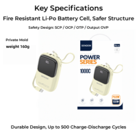 Batterie externe 10000 mAh PD 20W QC à charge rapide, protocole complet, double câble, affichage numérique LED, mini chargeur pour téléphone, idéal pour l'extérieur