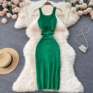 YuooMuoo femmes été droite Sexy coupe taille paquet hanches fendu robe moulante tricoté fête Vestidos robe d'été à la mode - Product Image 2