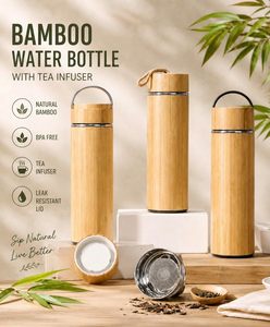 Bouteille d'eau isotherme en bambou avec intérieur en acier inoxydable, thermos avec anneau de transport en métal - Product Image 5
