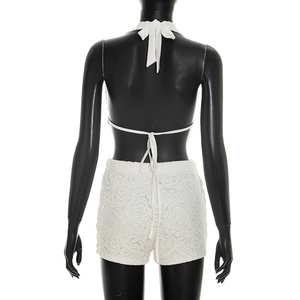 Viviblook J26ST162 Conjunto de verano para mujer, top sin espalda con cuello halter de encaje, pantalones cortos ajustados, conjunto de dos piezas - Product Image 4