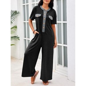 Mono casual holgado de verano para mujer, de manga corta, cuello en V, con botones, pierna ancha, de una pieza, color liso, pantalón largo. - Product Image 4