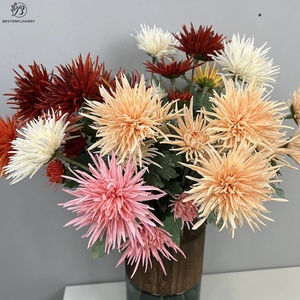 Fleurs artificielles haut de gamme en chrysanthème à 3 têtes, avec tiges floquées et griffes de crabe, effet toucher réel, pour la décoration intérieure et les mariages - Product Image 1