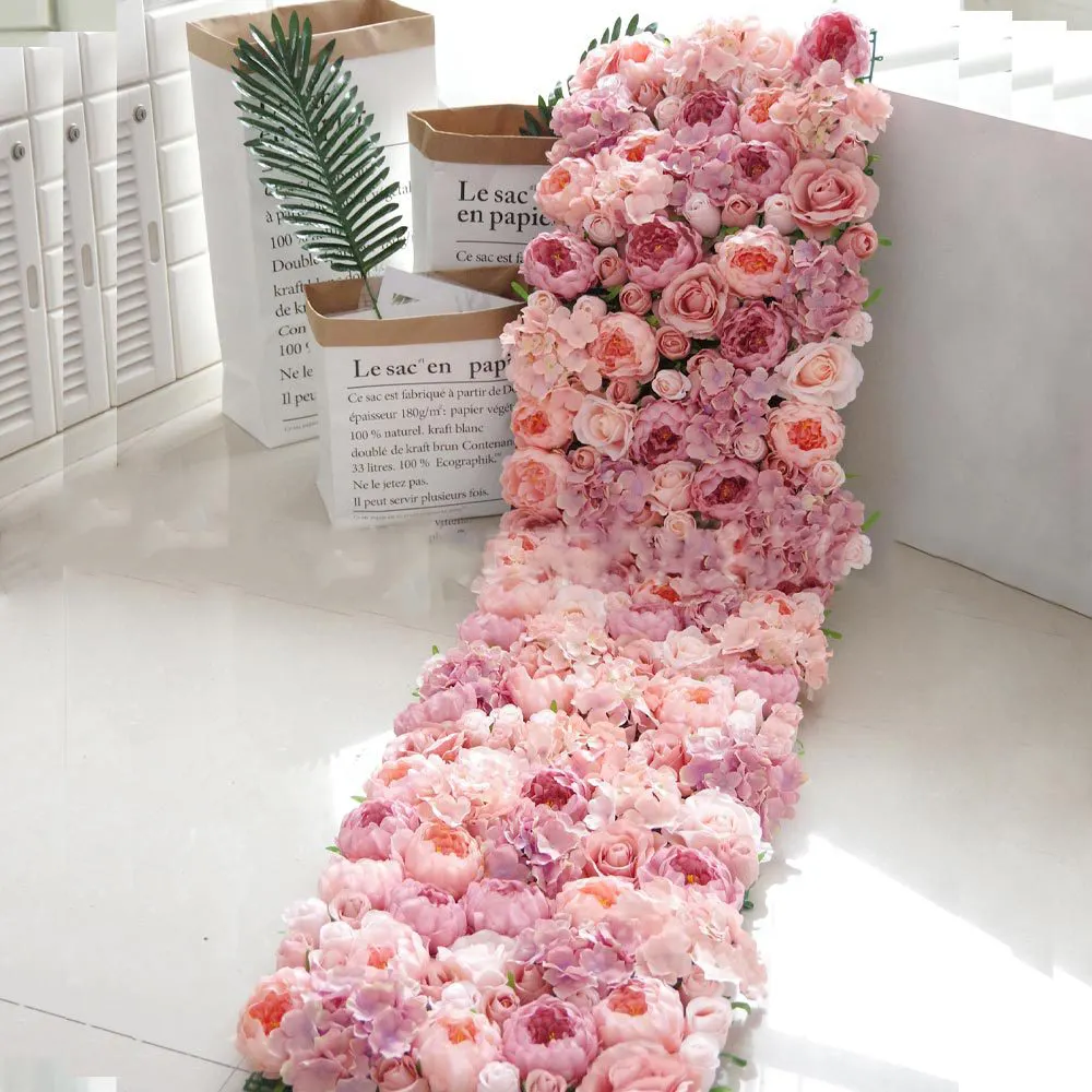 Y-F008 50*240cm Customized Peony and Rose Portable Flower Wall Panel Curtain Mat Roll Up Artificial Flower Wall Pink Backdrop