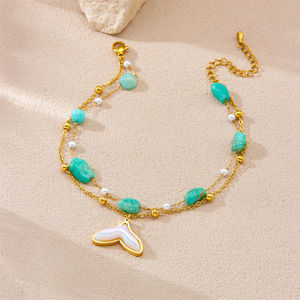 Ocean Whale Tail Double Layer Anklet Gold Stainless Steel Natural Purple Crystal Pearl Bead Starfish Gold Plated Jewelry Anklets - Product Image 5