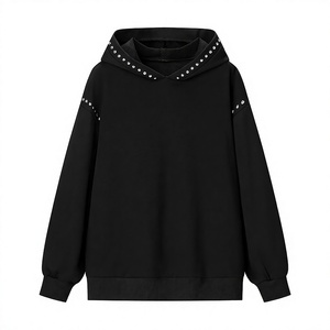 <b>Women's</b> <b>Black</b> Hooded <b>Sweatshirt</b> Knitted Pullover Long Sleeve Oversized Rivet Decoration Autumn Winter Style - Product Image 4