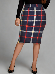 Falda lápiz elástica de poliéster a cuadros vintage de talla grande Joyinspring, cintura natural, ajustada, hasta la rodilla, para primavera - Product Image 4