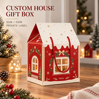 Scatola di Cartone Pieghevole a Forma di Casa con Finestra, Manico in Corda Rossa, Decorazione Natalizia, Confezione Regalo Personalizzata Stampata