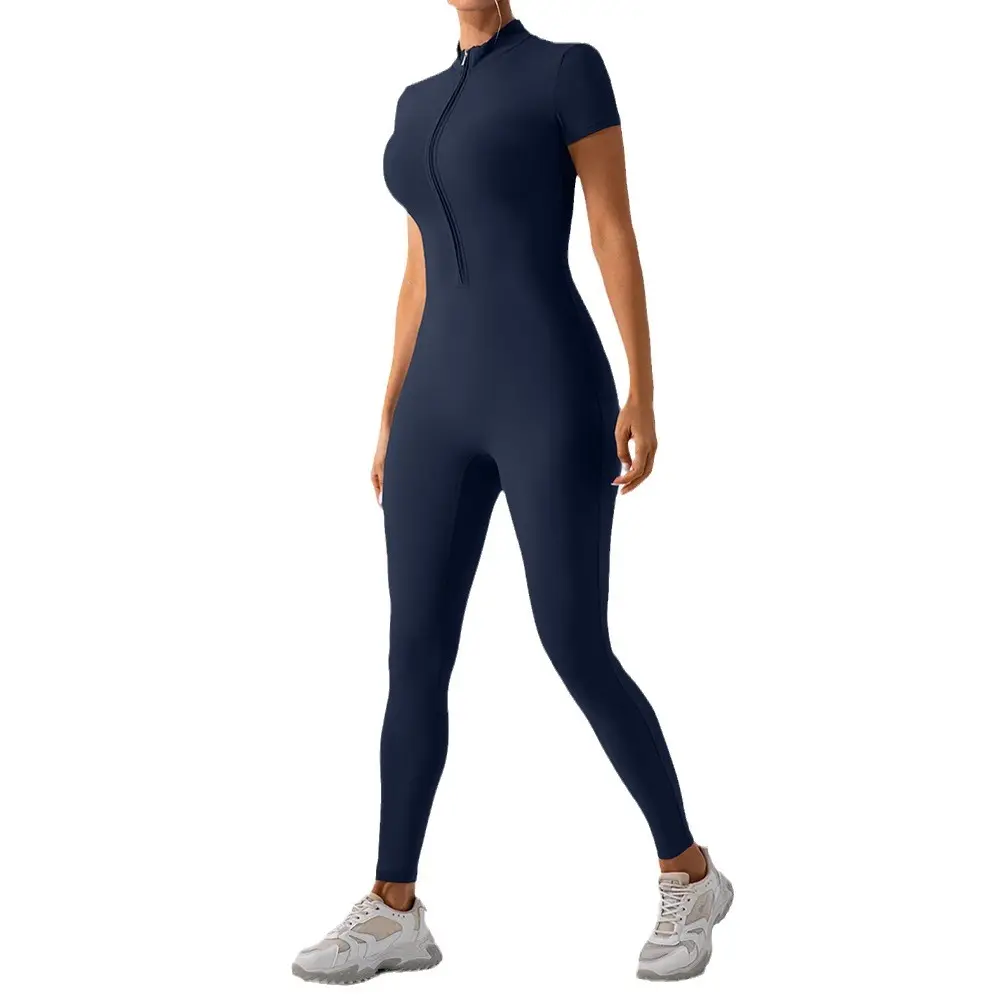 2024 New design Short Sleeves Jumpsuit Gym Rompers With Zipper Style One Piece Yoga Women's Fitness Jumpsuits