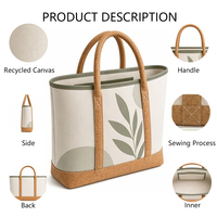 Sac fourre-tout en toile écologique 3451 H, sac à main en toile recyclée avec poignée en liège, imprimé vert sauge, grand sac de plage écologique