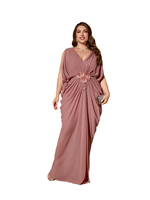 Robe de soirée longue moulante rose grande taille à col en V, manches chauve-souris fendues, dos nu, ornée de fleurs et de perles, avec ourlet froncé