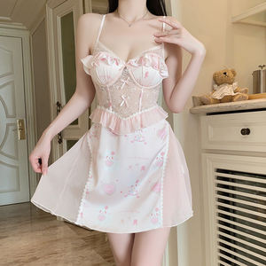 Coutures en satin lisse maille florale avec soutien-gorge Pad sweet cute Lori Nightdress Vêtements de maison pour femmes 4915 - Product Image 5