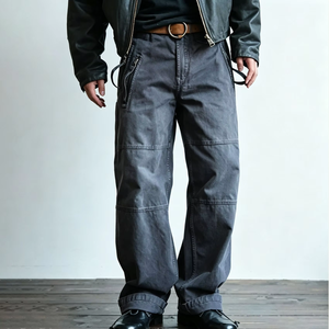 Pantalon cargo homme en denim 100% coton délavé vintage, taille mi-haute, coupe large et ample, avec logo personnalisé, poches utilitaires zippées, pour le travail et l'été, OEM - Product Image 2
