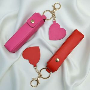 Pu Leather Lip Gloss Holder Keychain with Mirror Rose Red Heart Shape Mirror <b>Lipstick</b> Case <b>Lipstick</b> Treatment Keychain - Product Image 2