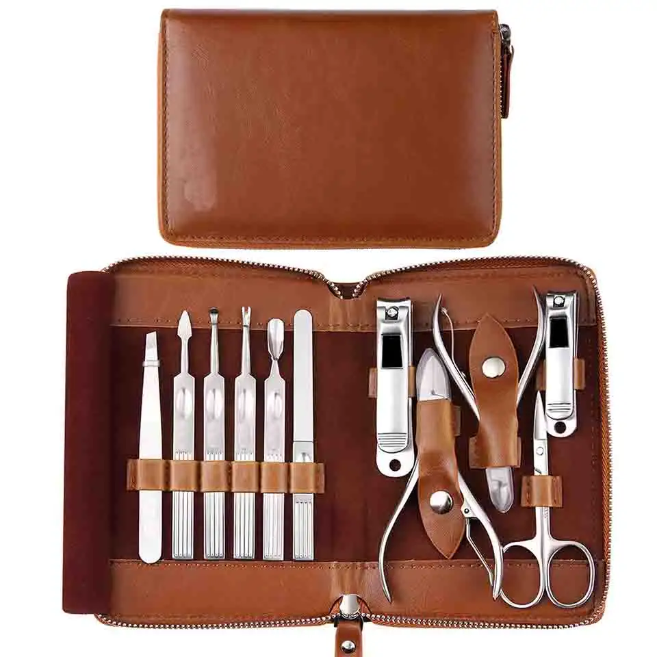 Customized Professional Manicure Kit Nail Clippers Set bag Portable Brown Leather Travel Case Luxury Gifts for Him