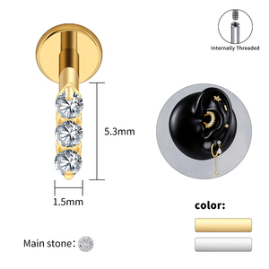 Pendiente de titanio ASTM F136 con triple circonita cúbica en forma de <span class=keywords><strong>flecha</strong></span>, joyería clásica para piercing de cartílago, hélice, <span class=keywords><strong>tragus</strong></span> y lóbulo para mujeres y hombres - Product Image 3