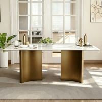 Table à manger rectangulaire moderne avec plateau en verre trempé, pieds en métal incurvé doré, table à manger minimaliste pour la salle à manger à domicile