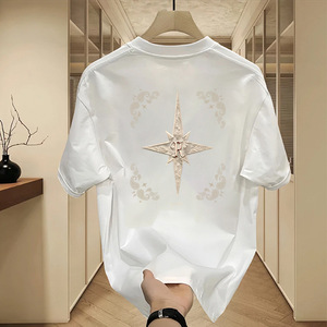 T-shirt pour <span class=keywords><strong>homme</strong></span> en coton 230 <span class=keywords><strong>g</strong></span> avec motif boussole étoile tendance, t-shirt décontracté à manches courtes en coton noir, haut streetwear de haute qualité - Product Image 3