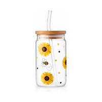 Verre à boire en verre transparent avec couvercle en bois et paille en verre, motif tournesol, pour café glacé, lait, jus, usage domestique et café