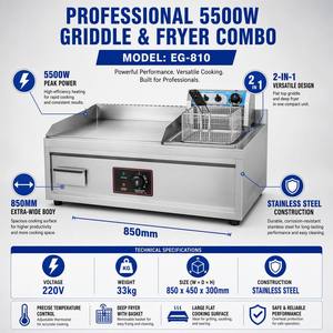 Commercial 5500W Electric <b>Flat</b> <b>Top</b> <b>Griddle</b> with Deep Fryer 850mm Stainless Steel Countertop Cooking Station for Restaurant Use - Product Image 6