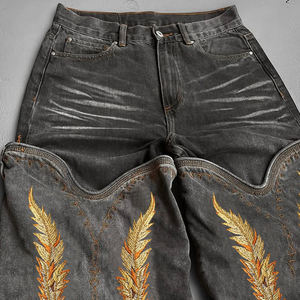 DiZNEW 2025 Jeans para Hombre, Premium, Negros, Lavados, de Pierna Ancha, con Detalles de Hojas Doradas, Fabricante de Jeans - Product Image 2