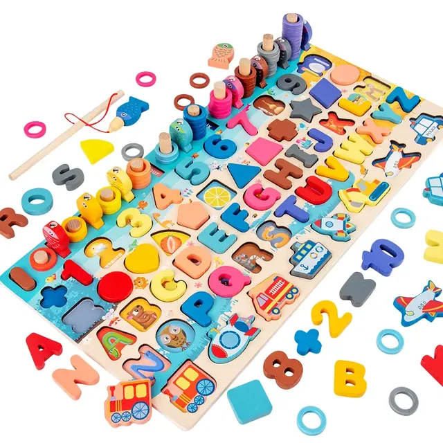 Wholesale Montessori Children's Wooden 7 in 1 Fishing Letter Shape Matching Board Game Educational Learning Gift Toys for Kids