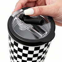 Bouteille d'eau isotherme en acier inoxydable, motif damier noir et blanc, avec paille rabattable et poignée, anti-fuite, vente en gros/sur mesure