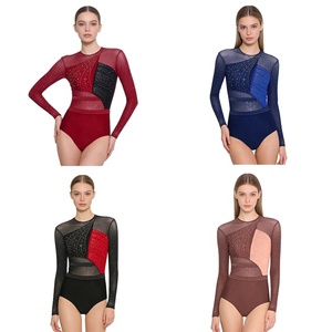 Women <b>Rhythmic</b> <b>Gymnastics</b> <b>Leotard</b> Long Sleeve Mesh Rhinestone Competition Asymmetric Panel Slim for Stage Custom - Product Image 1