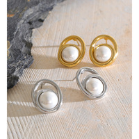 Boucles d'oreilles JINYOU 8007 vintage en acier inoxydable plaqué or PVD, double cadre ovale, perles simulées, boucles d'oreilles statement