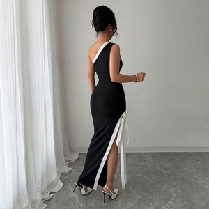 Elegante Vestido Midi Bandage <span class=keywords><strong>Blanco</strong></span> y Negro con Hombro Descubierto y Lazo para Mujer, Ideal para Fiestas y Eventos Nocturnos - Product Image 2