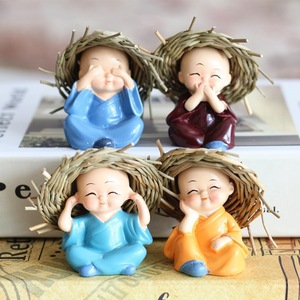 Straw Hat Four Little Monks Resin Figurine Car Interior Decoration Cute Buddha Ornament Gift Set - Product Image 1