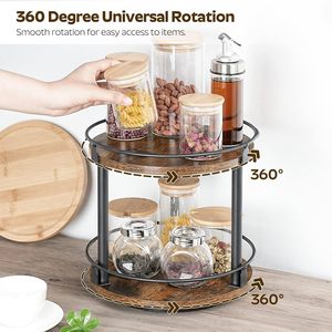 A wood and iron combined storage <b>rack</b>, double-layered and <b>rotatable</b>, suitable for kitchen countertops and <b>spice</b> <b>racks</b>; - Product Image 3
