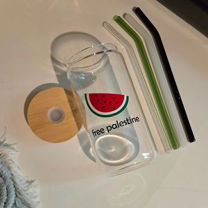 Gobelet personnalisé en forme de pastèque pour le Ramadan, avec couvercle et paille, pour les musulmans, en verre, thème Palestine - Product Image 1