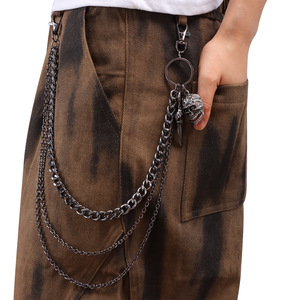 Chaîne de taille pour homme style Hip Hop avec pendentif tête de mort en métal, chaîne de pantalon multicouche couleur bronze, chaîne de corps décontractée style punk - Product Image 2