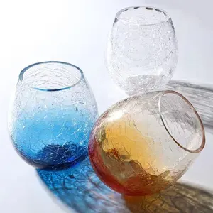 Gelas Minum Air Berwarna Biru Bawah Bulat Retak Jepang Grosir 360Ml Gelas Wiski Anggur Tanpa Gagang