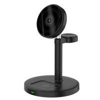 Support de charge sans fil magnétique 3-en-1 15W avec col de cygne flexible pour téléphone, montre et écouteurs – Chargeur de bureau Type-C réglable