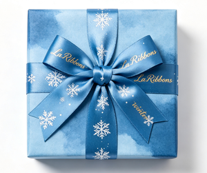 Ruban en satin bleu d'hiver avec imprimé flocon de neige doré, ruban cadeau en polyester pour emballage de cadeaux de Noël, OEKO‑TEX - Product Image 1