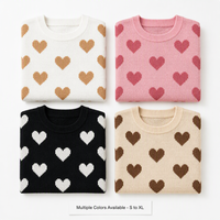Pull en tricot à col rond personnalisé OEM pour femmes, motif jacquard cœur sur toute la surface, couleurs contrastées, vente en gros