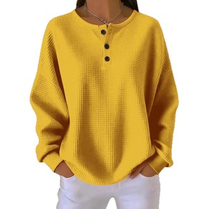 Haut en tricot gaufré personnalisé pour femme, couleur unie, col rond, coupe ample, collection automne-hiver, mode boutique, logo thermocollé - Product Image 3