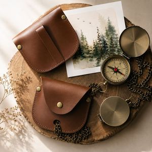 Cross-border similar compass waist-hanging protective <b>case</b>, PU leather pocket <b>watch</b> bag, camping and adventure compass bag - Product Image 1