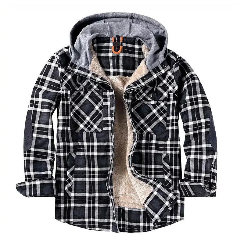 Custom Men's Sherpa Fleece Flannel Lined Shirt Jacket Warm Brushed Plaid Shirt jackets with hoodie