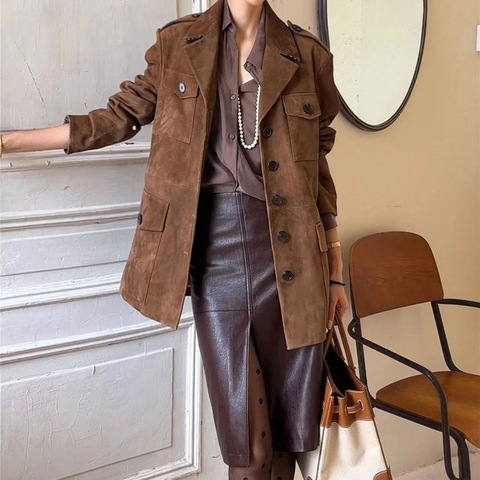 4124 New 2025 Sheepskin Coats Light Luxury Retro Suede Leather Jacket for Women Spring Autumn Winter