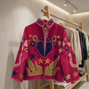 Hand Embroidered Corduroy <b>Jacket</b> With Heart Star Patchwork <b>Mandarin</b> <b>Collar</b> Full Sleeve Autumn Women's Prairie Chic Style - Product Image 4