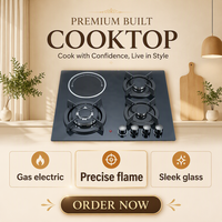 Table de cuisson hybride encastrable 4 feux avec 3 brûleurs à gaz et 1 zone à induction en verre noir