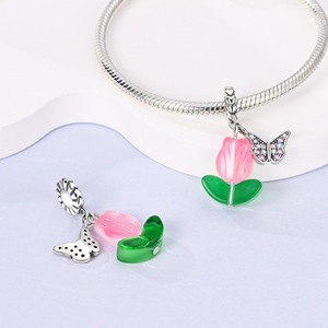 Tulip Rose <b>Safety</b> <b>Chain</b> Charm Beads Copper Silver Plated CZ Enamel Charms For DIY Bracelet Gift - Product Image 3