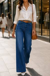 Jeans de Mujer Azul Cobalto con Bolsillos Delanteros Grandes, Estilo Holgado, Elegante y Casual para Damas - Product Image 4